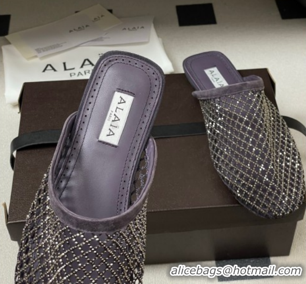 Purchase Alaia Flat Mules in Fishnet and Suede with Strass Purple 2025 AL020703