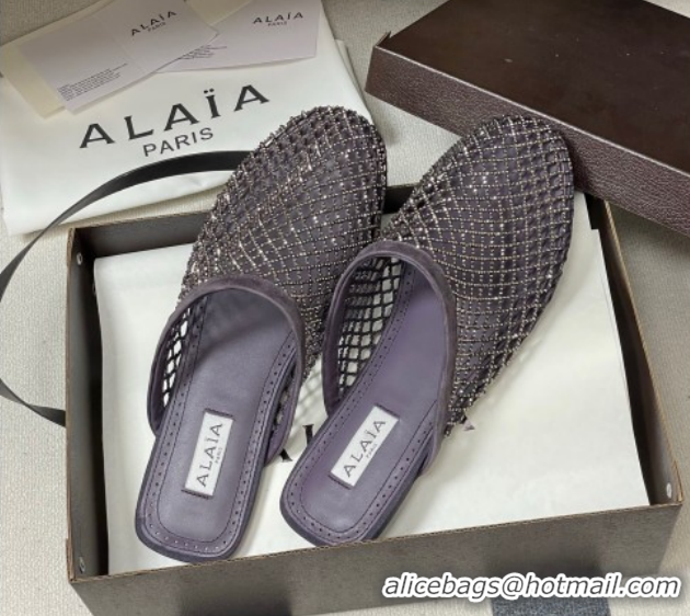 Purchase Alaia Flat Mules in Fishnet and Suede with Strass Purple 2025 AL020703