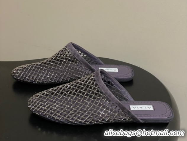Purchase Alaia Flat Mules in Fishnet and Suede with Strass Purple 2025 AL020703