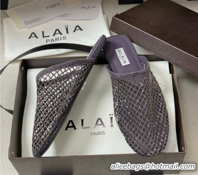 Purchase Alaia Flat Mules in Fishnet and Suede with Strass Purple 2025 AL020703