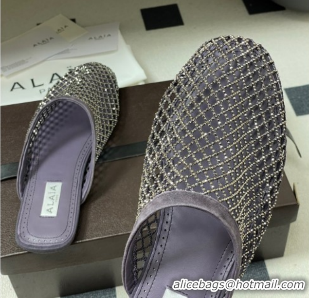 Purchase Alaia Flat Mules in Fishnet and Suede with Strass Purple 2025 AL020703