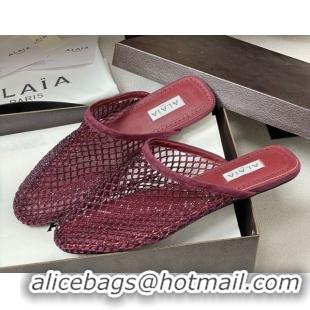 Classic Hot Alaia Flat Mules in Fishnet and Suede with Strass Burgundy AL020703