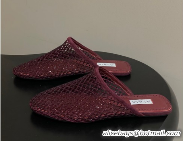 Classic Hot Alaia Flat Mules in Fishnet and Suede with Strass Burgundy AL020703