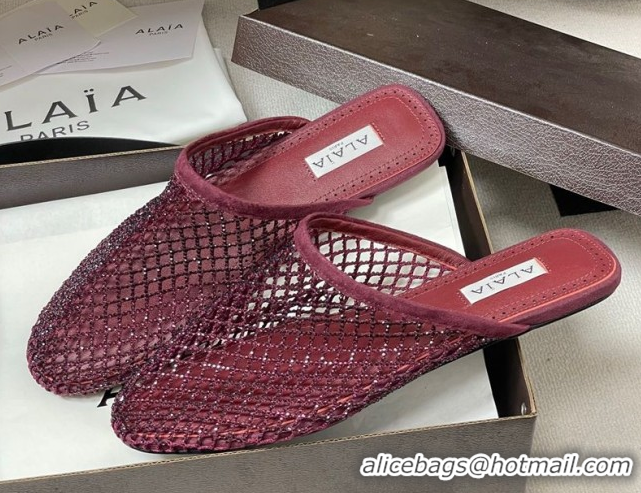 Classic Hot Alaia Flat Mules in Fishnet and Suede with Strass Burgundy AL020703