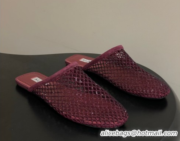 Classic Hot Alaia Flat Mules in Fishnet and Suede with Strass Burgundy AL020703