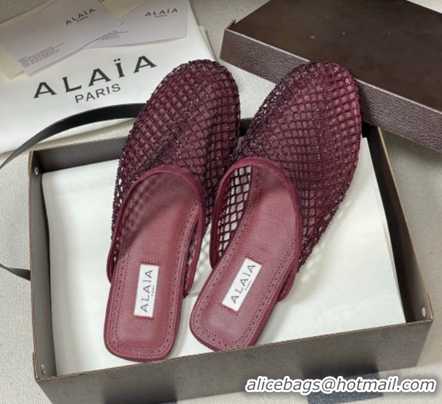 Classic Hot Alaia Flat Mules in Fishnet and Suede with Strass Burgundy AL020703