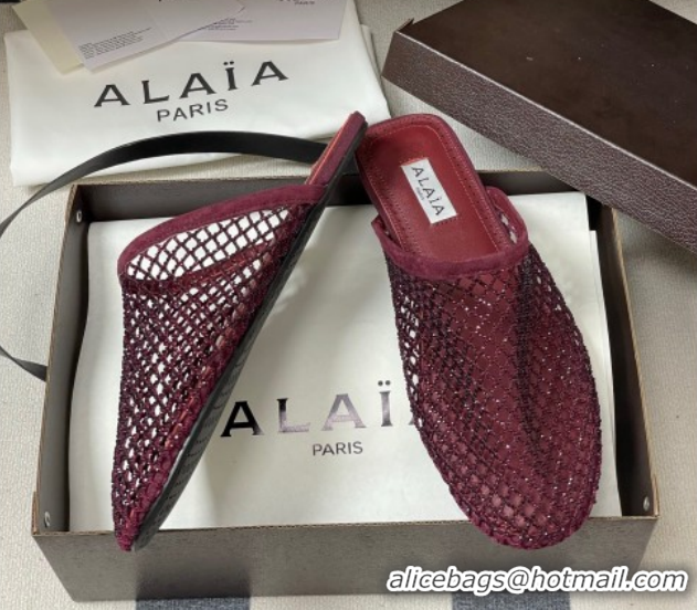 Classic Hot Alaia Flat Mules in Fishnet and Suede with Strass Burgundy AL020703