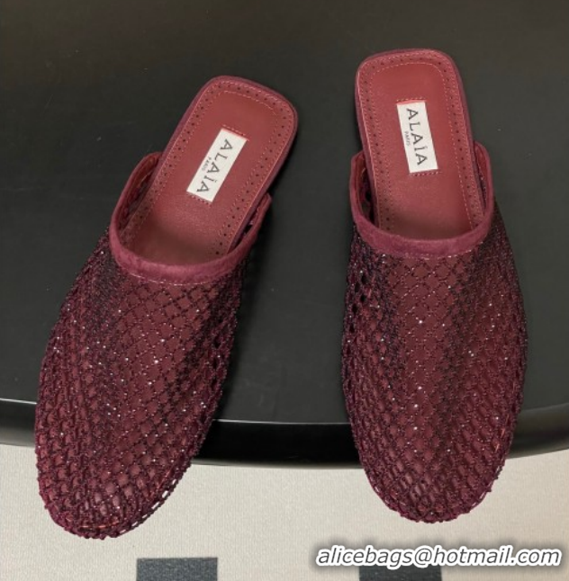 Classic Hot Alaia Flat Mules in Fishnet and Suede with Strass Burgundy AL020703