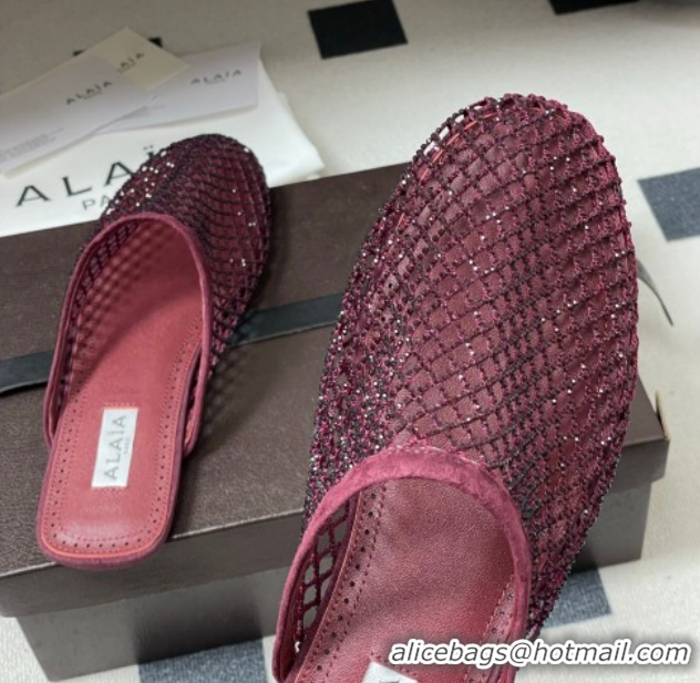 Classic Hot Alaia Flat Mules in Fishnet and Suede with Strass Burgundy AL020703