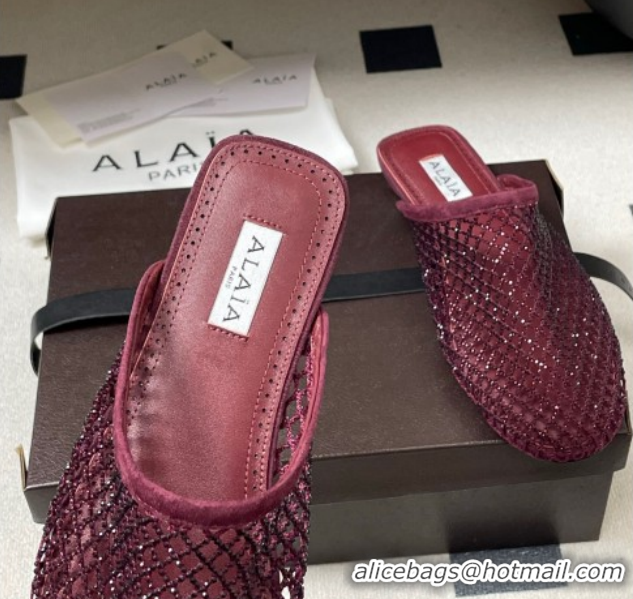 Classic Hot Alaia Flat Mules in Fishnet and Suede with Strass Burgundy AL020703