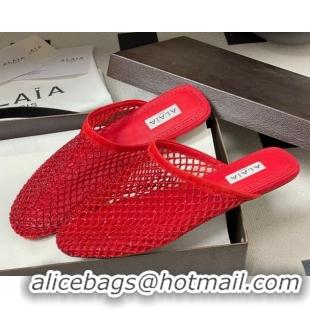 Good Looking Alaia Flat Mules in Fishnet and Suede with Strass Red 2026 AL020703
