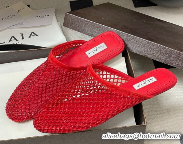 Good Looking Alaia Flat Mules in Fishnet and Suede with Strass Red 2026 AL020703