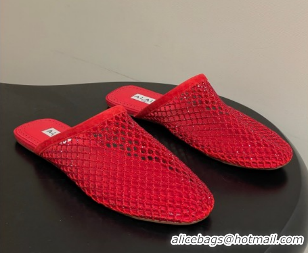Good Looking Alaia Flat Mules in Fishnet and Suede with Strass Red 2026 AL020703