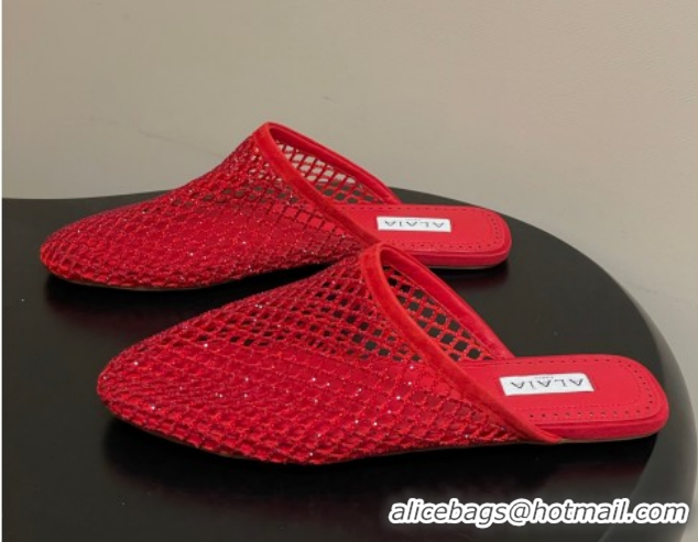 Good Looking Alaia Flat Mules in Fishnet and Suede with Strass Red 2026 AL020703