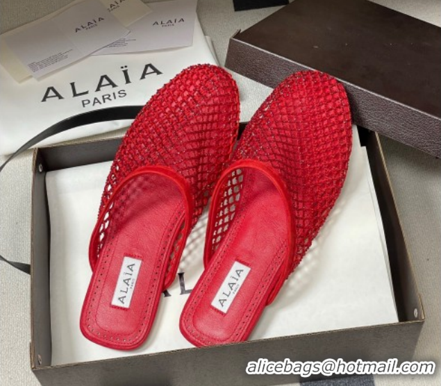 Good Looking Alaia Flat Mules in Fishnet and Suede with Strass Red 2026 AL020703