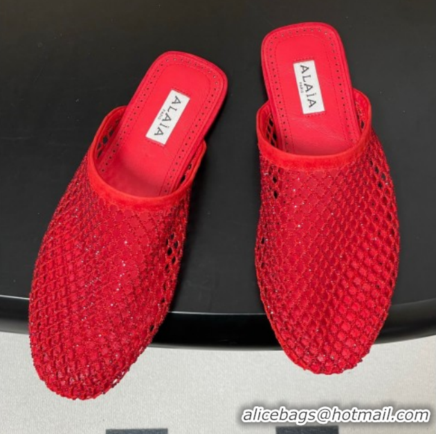 Good Looking Alaia Flat Mules in Fishnet and Suede with Strass Red 2026 AL020703
