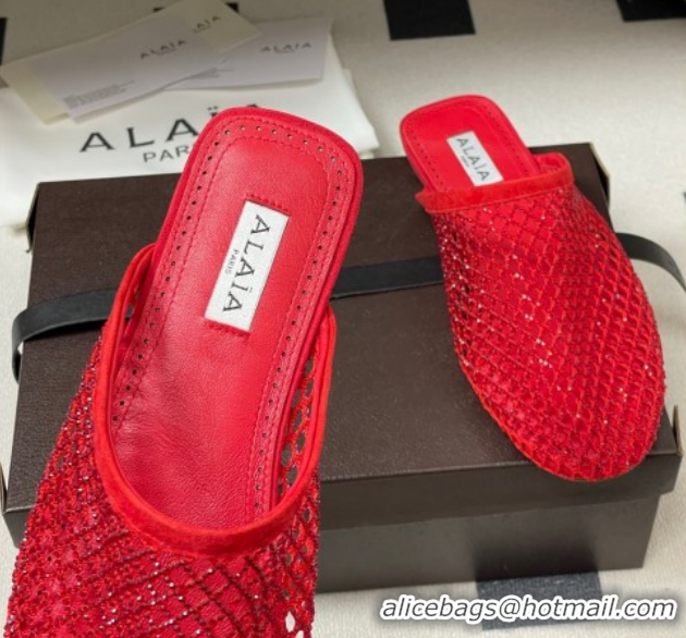 Good Looking Alaia Flat Mules in Fishnet and Suede with Strass Red 2026 AL020703
