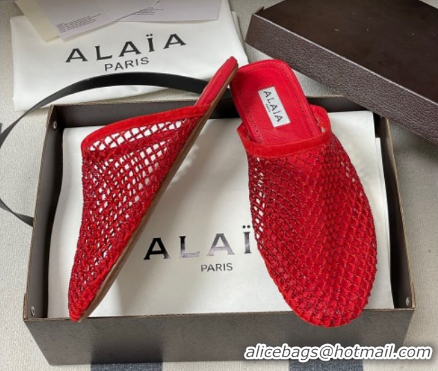 Good Looking Alaia Flat Mules in Fishnet and Suede with Strass Red 2026 AL020703