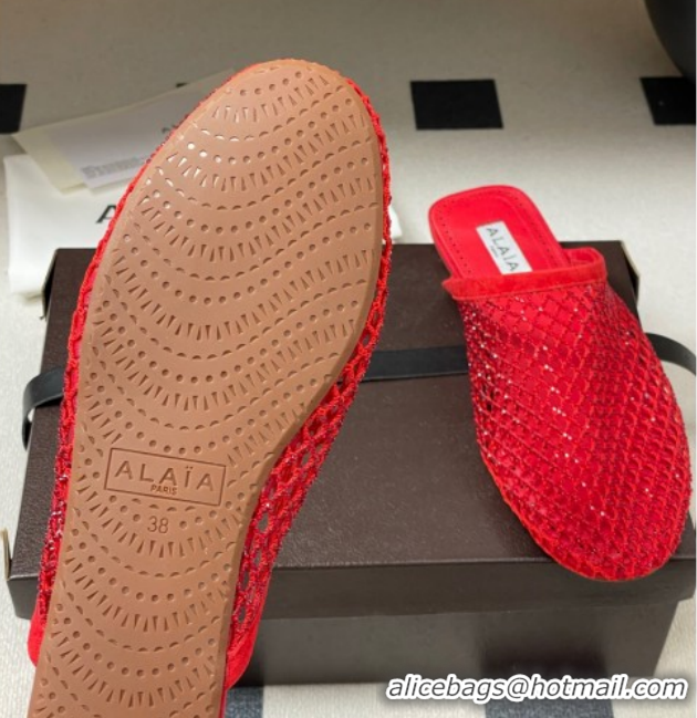 Good Looking Alaia Flat Mules in Fishnet and Suede with Strass Red 2026 AL020703