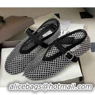 Pretty Style Alaia Ballet Flats in Fishnet and Suede with Strass Black/Silver AL020702 