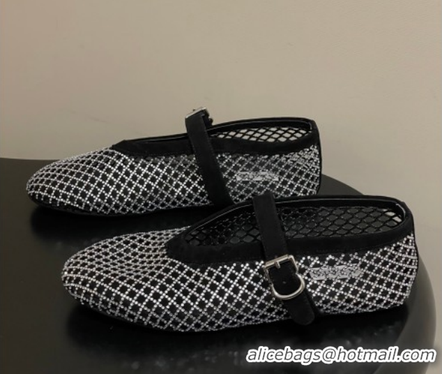 Pretty Style Alaia Ballet Flats in Fishnet and Suede with Strass Black/Silver AL020702 
