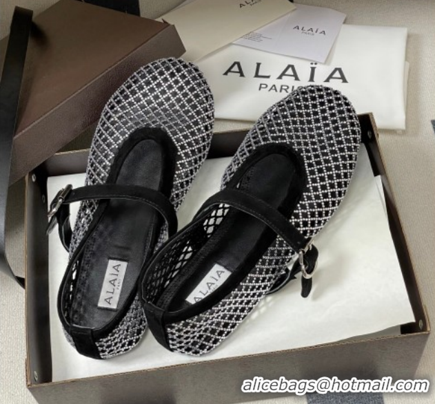 Pretty Style Alaia Ballet Flats in Fishnet and Suede with Strass Black/Silver AL020702 