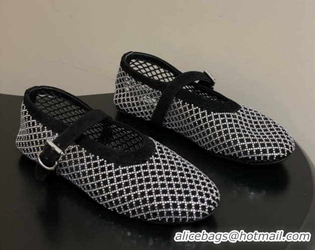 Pretty Style Alaia Ballet Flats in Fishnet and Suede with Strass Black/Silver AL020702 
