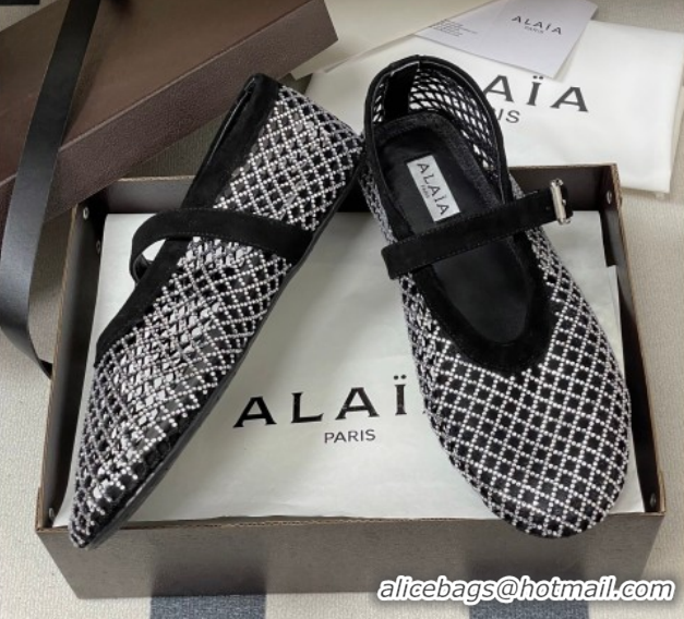 Pretty Style Alaia Ballet Flats in Fishnet and Suede with Strass Black/Silver AL020702 