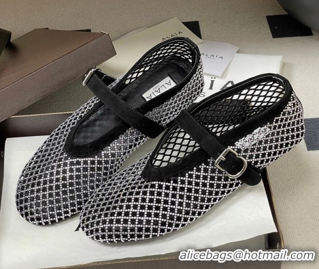 Pretty Style Alaia Ballet Flats in Fishnet and Suede with Strass Black/Silver AL020702 
