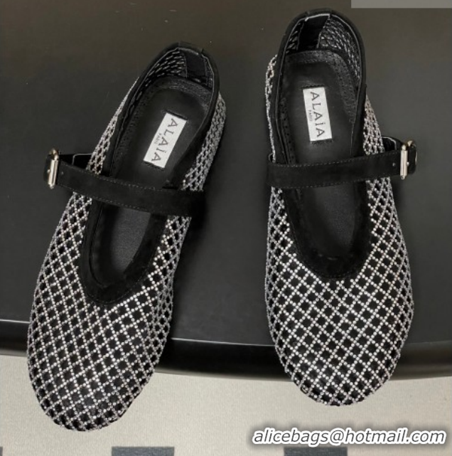 Pretty Style Alaia Ballet Flats in Fishnet and Suede with Strass Black/Silver AL020702 