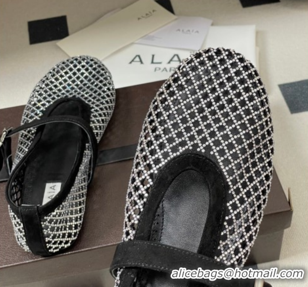 Pretty Style Alaia Ballet Flats in Fishnet and Suede with Strass Black/Silver AL020702 