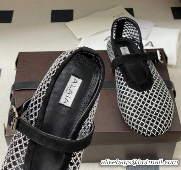 Pretty Style Alaia Ballet Flats in Fishnet and Suede with Strass Black/Silver AL020702 