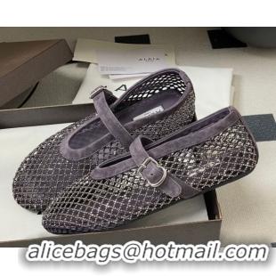 Top Grade Alaia Ballet Flats in Fishnet and Suede with Strass Purple AL020702