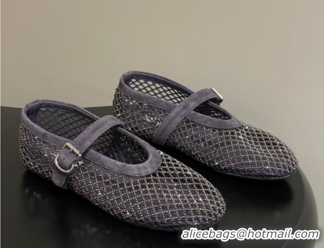 Top Grade Alaia Ballet Flats in Fishnet and Suede with Strass Purple AL020702