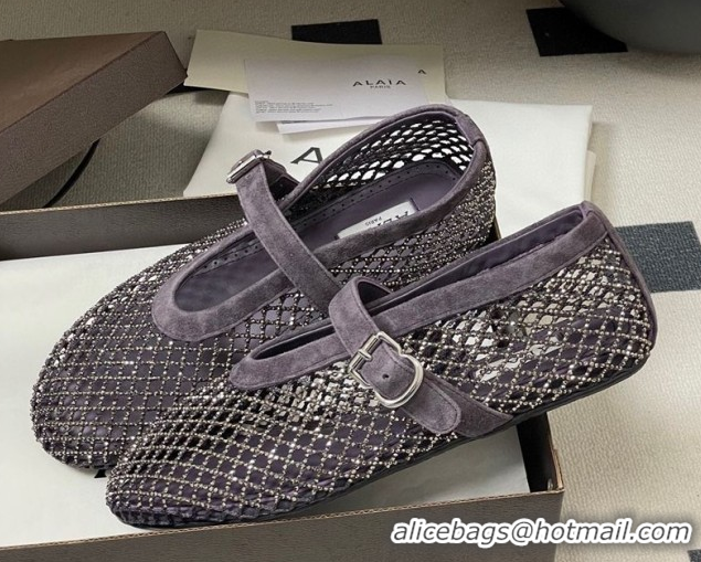 Top Grade Alaia Ballet Flats in Fishnet and Suede with Strass Purple AL020702
