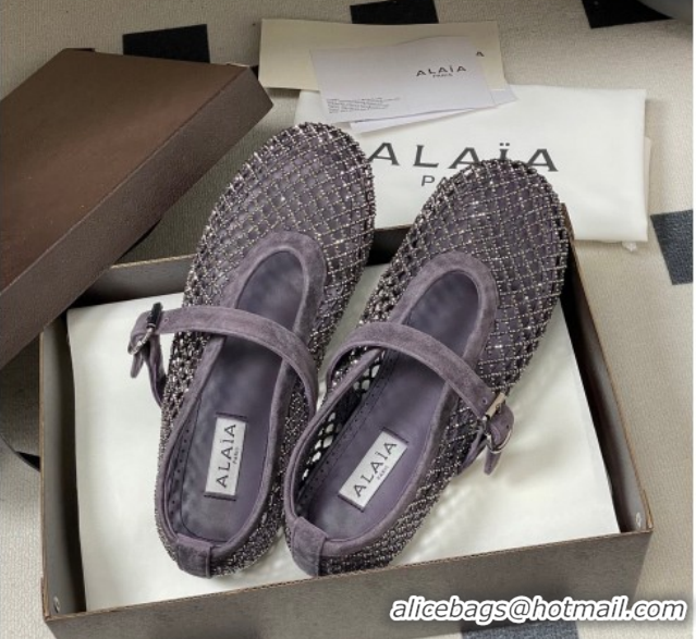 Top Grade Alaia Ballet Flats in Fishnet and Suede with Strass Purple AL020702