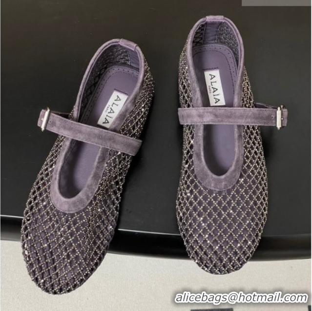 Top Grade Alaia Ballet Flats in Fishnet and Suede with Strass Purple AL020702