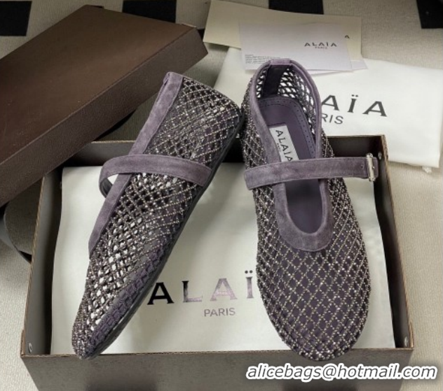 Top Grade Alaia Ballet Flats in Fishnet and Suede with Strass Purple AL020702