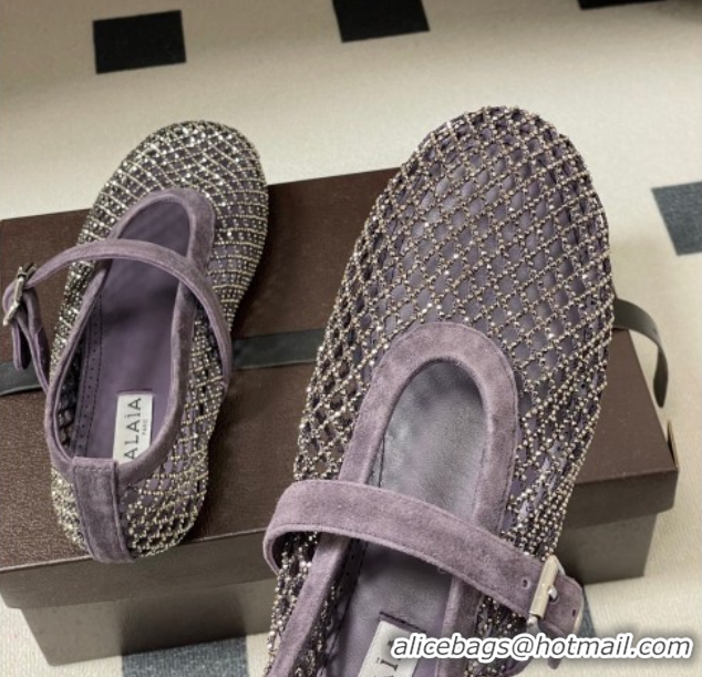 Top Grade Alaia Ballet Flats in Fishnet and Suede with Strass Purple AL020702