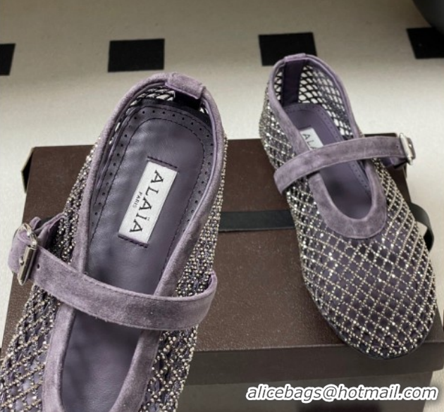 Top Grade Alaia Ballet Flats in Fishnet and Suede with Strass Purple AL020702
