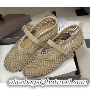 Unique Style Alaia Ballet Flats in Fishnet and Suede with Strass Taupe AL020702
