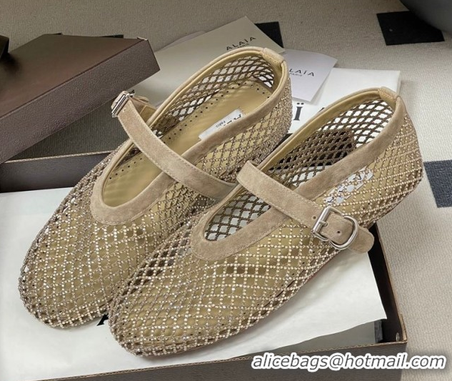 Unique Style Alaia Ballet Flats in Fishnet and Suede with Strass Taupe AL020702