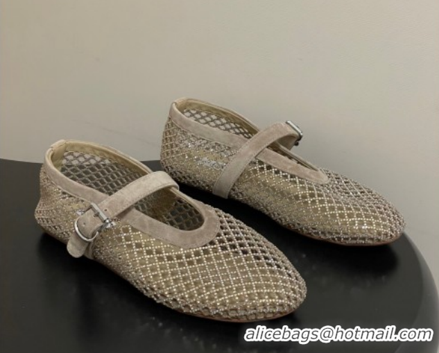 Unique Style Alaia Ballet Flats in Fishnet and Suede with Strass Taupe AL020702