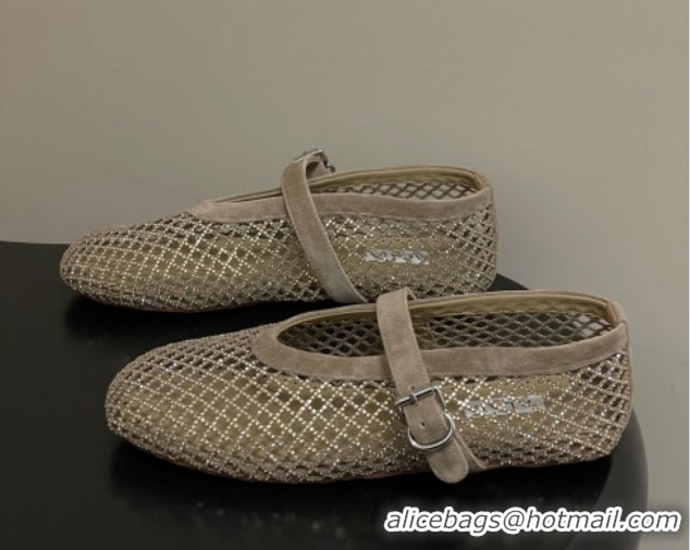 Unique Style Alaia Ballet Flats in Fishnet and Suede with Strass Taupe AL020702