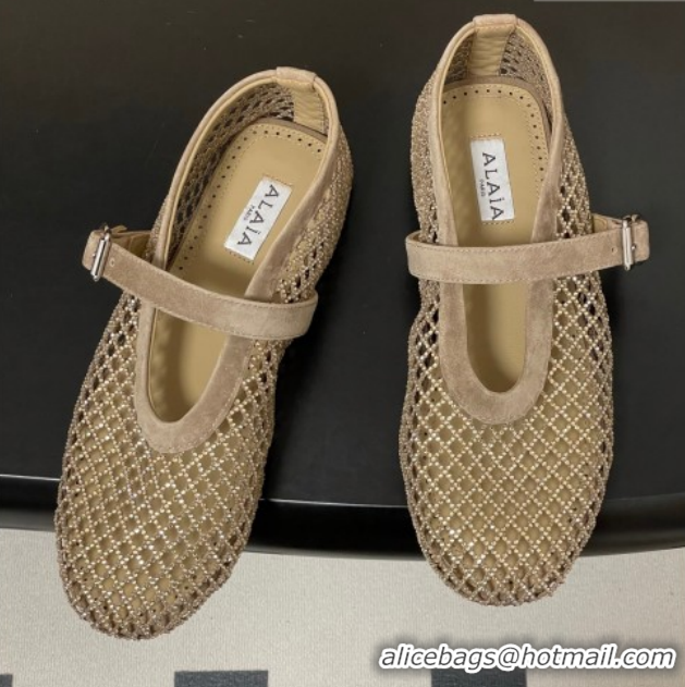 Unique Style Alaia Ballet Flats in Fishnet and Suede with Strass Taupe AL020702