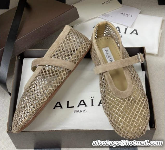 Unique Style Alaia Ballet Flats in Fishnet and Suede with Strass Taupe AL020702