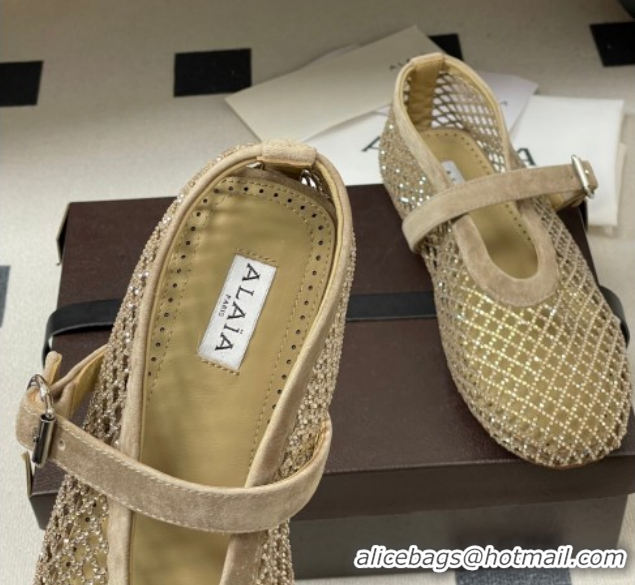 Unique Style Alaia Ballet Flats in Fishnet and Suede with Strass Taupe AL020702