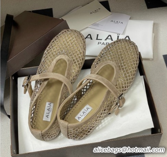 Unique Style Alaia Ballet Flats in Fishnet and Suede with Strass Taupe AL020702