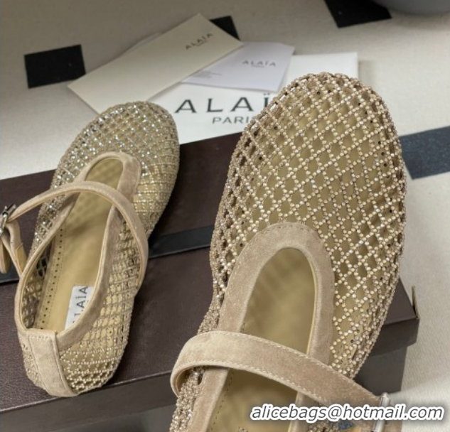 Unique Style Alaia Ballet Flats in Fishnet and Suede with Strass Taupe AL020702