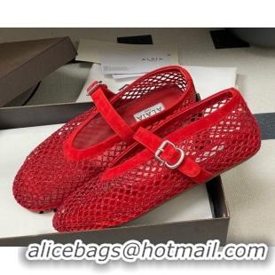 Best Grade Alaia Ballet Flats in Fishnet and Suede with Strass Red 2025 AL020702